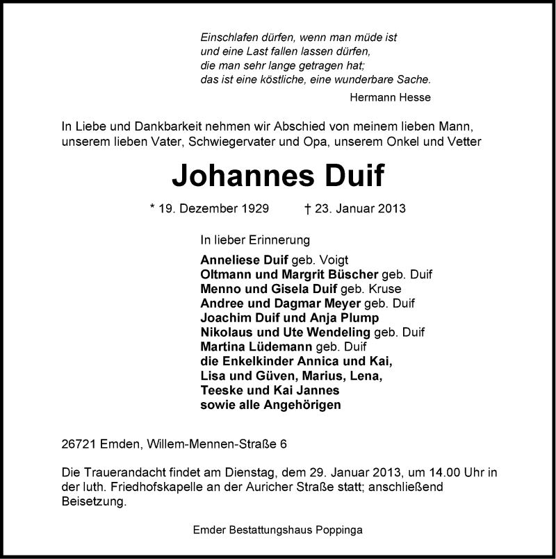  Traueranzeige für Johannes Duif vom 26.01.2013 aus Emder Zeitung