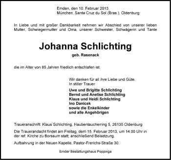 Traueranzeige von Johanna Schlichting von Emder Zeitung
