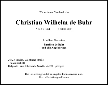Traueranzeige von Christian Wilhelm de Buhr von Emder Zeitung