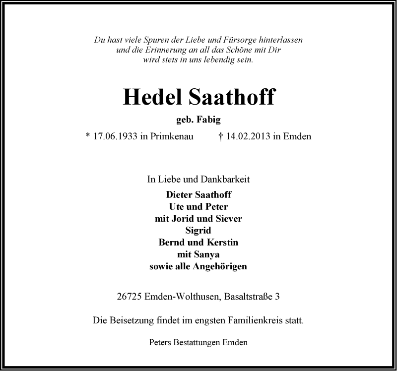  Traueranzeige für Hedel Saathoff vom 16.02.2013 aus Emder Zeitung