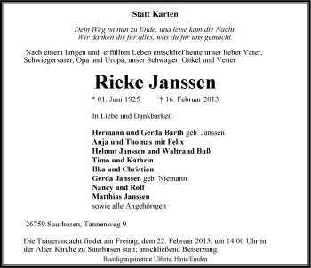 Traueranzeige von Rieke Janssen von Emder Zeitung