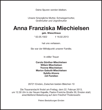 Traueranzeige von Anna Franziska Miechielsen von Emder Zeitung