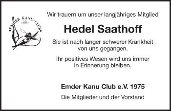 Traueranzeige von Hedel Saathoff von Emder Zeitung