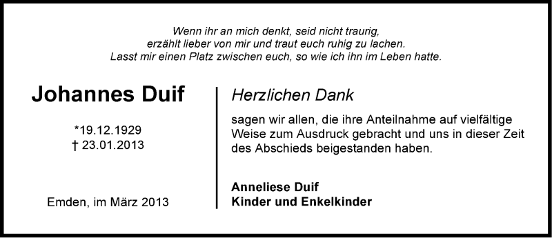  Traueranzeige für Johannes Duif vom 02.03.2013 aus Emder Zeitung