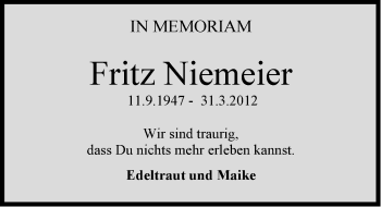 Traueranzeige von Fritz Niemeier von Emder Zeitung