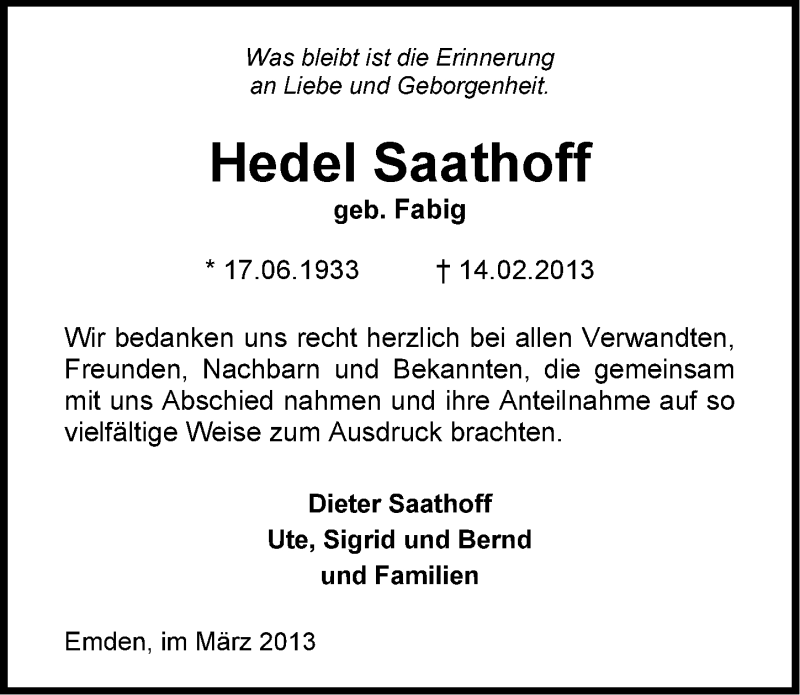 Traueranzeige für Hedel Saathoff vom 30.03.2013 aus Emder Zeitung