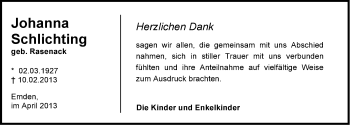 Traueranzeige von Johanna Schlichting von Emder Zeitung