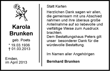 Traueranzeige von Karola Brunken von Emder Zeitung
