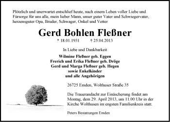 Traueranzeige von Gerd Bohlen Fleßner von Emder Zeitung