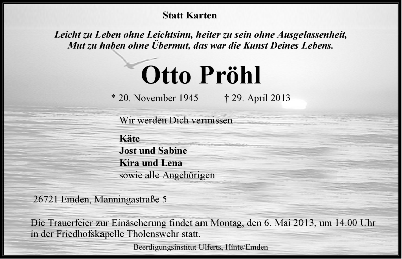  Traueranzeige für Otto Pröhl vom 02.05.2013 aus Emder Zeitung