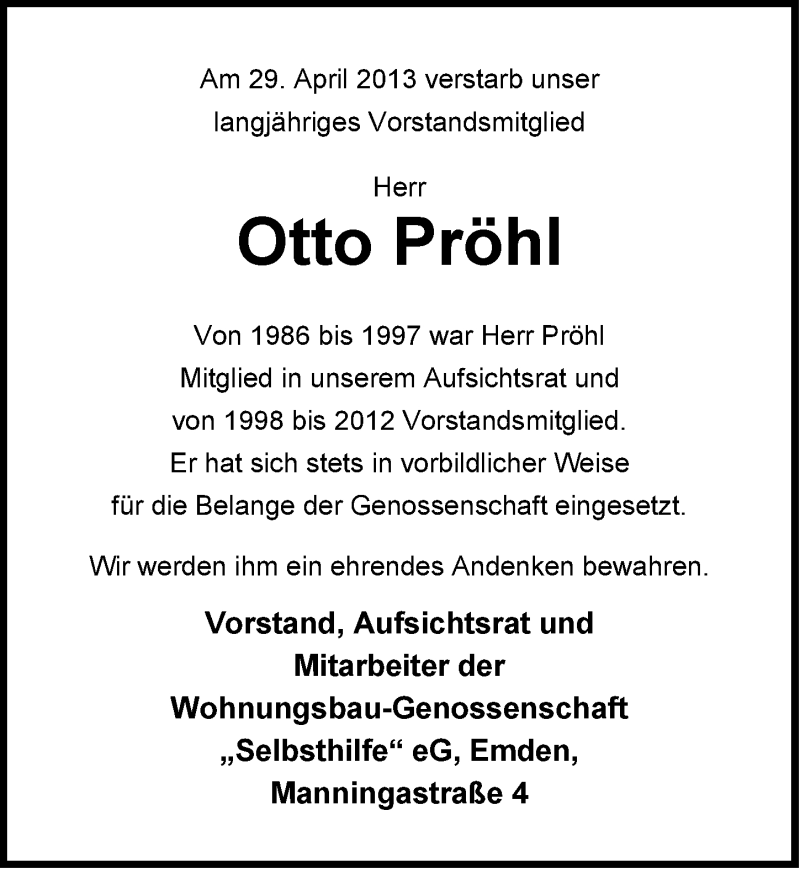  Traueranzeige für Otto Pröhl vom 04.05.2013 aus Emder Zeitung