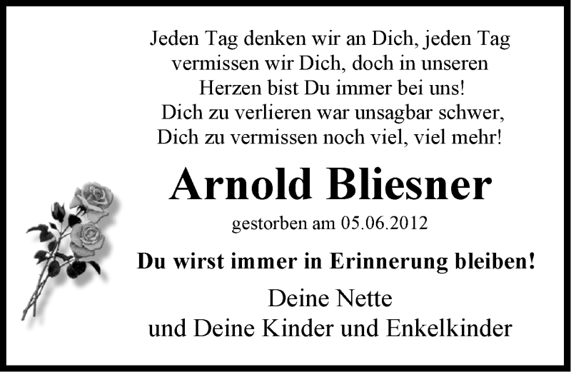  Traueranzeige für Arnold Bliesner vom 08.06.2013 aus Emder Zeitung