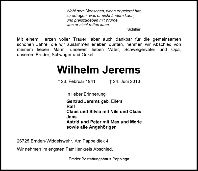  Traueranzeige für Wilhelm Jerems vom 26.06.2013 aus Emder Zeitung