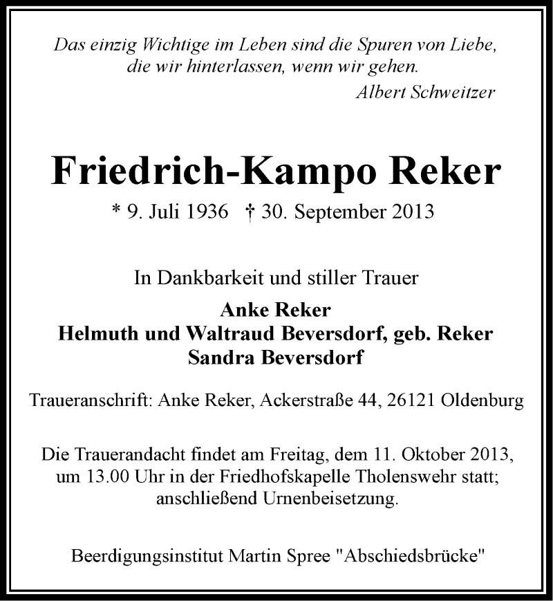  Traueranzeige für Friedrich-Kampo Reker vom 09.10.2013 aus Emder Zeitung