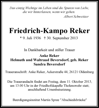 Traueranzeige von Friedrich-Kampo Reker von Emder Zeitung