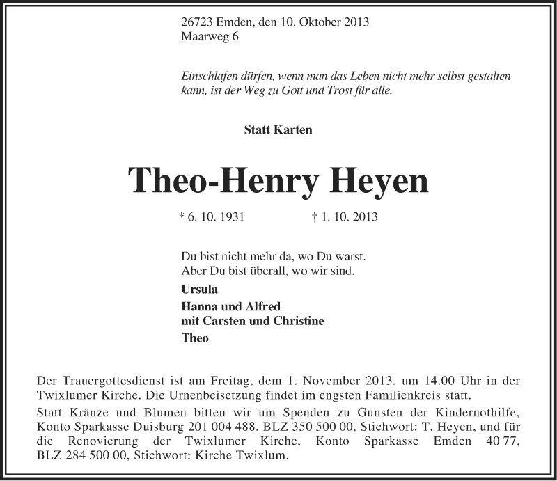  Traueranzeige für Theo-Henry Heyen vom 10.10.2013 aus Emder Zeitung
