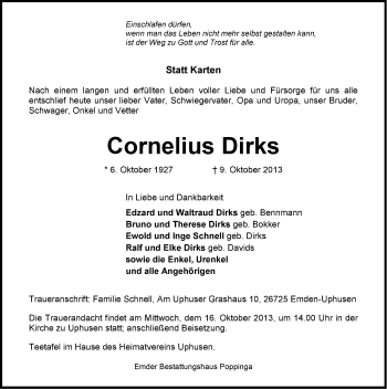 Traueranzeige von Cornelius Dirks von Emder Zeitung