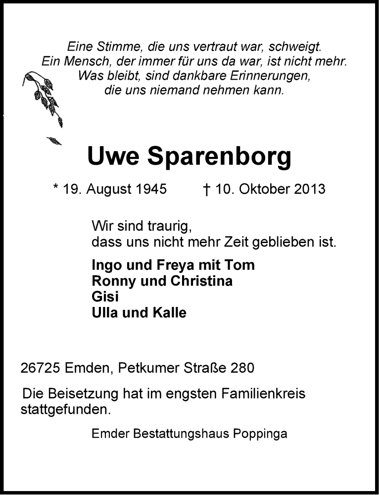  Traueranzeige für Uwe Sparenborg vom 19.10.2013 aus Emder Zeitung