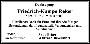 Traueranzeige von Friedrich-Kampo Reker von Emder Zeitung