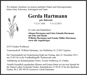 Traueranzeige von Gerda Hartmann von Emder Zeitung