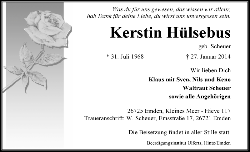  Traueranzeige für Kerstin Hülsebus vom 30.01.2014 aus Emder Zeitung