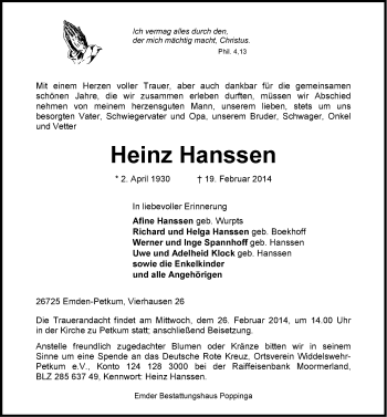 Traueranzeige von Heinz Hanssen von Emder Zeitung