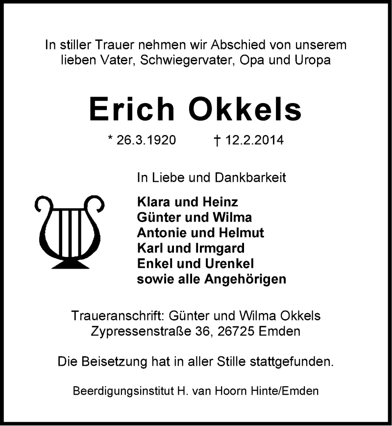  Traueranzeige für Erich Okkels vom 27.02.2014 aus Emder Zeitung
