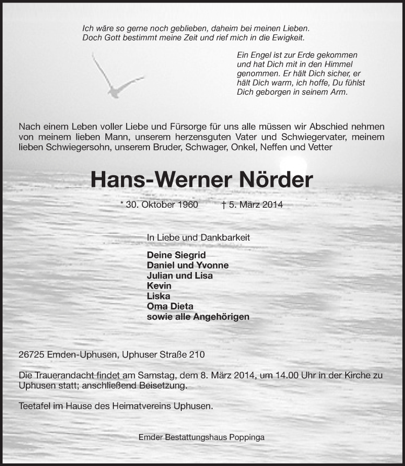  Traueranzeige für Hans-Werner Nörder vom 06.03.2014 aus Emder Zeitung