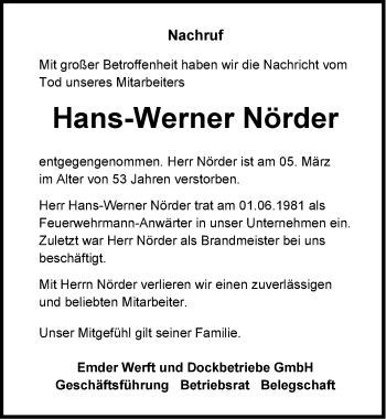 Traueranzeige von Hans-Werner Nörder von Emder Zeitung
