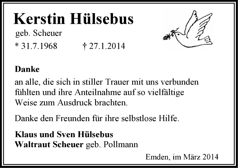  Traueranzeige für Kerstin Hülsebus vom 22.03.2014 aus Emder Zeitung