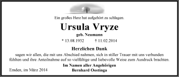 Traueranzeige von Ursula Vryze von Emder Zeitung