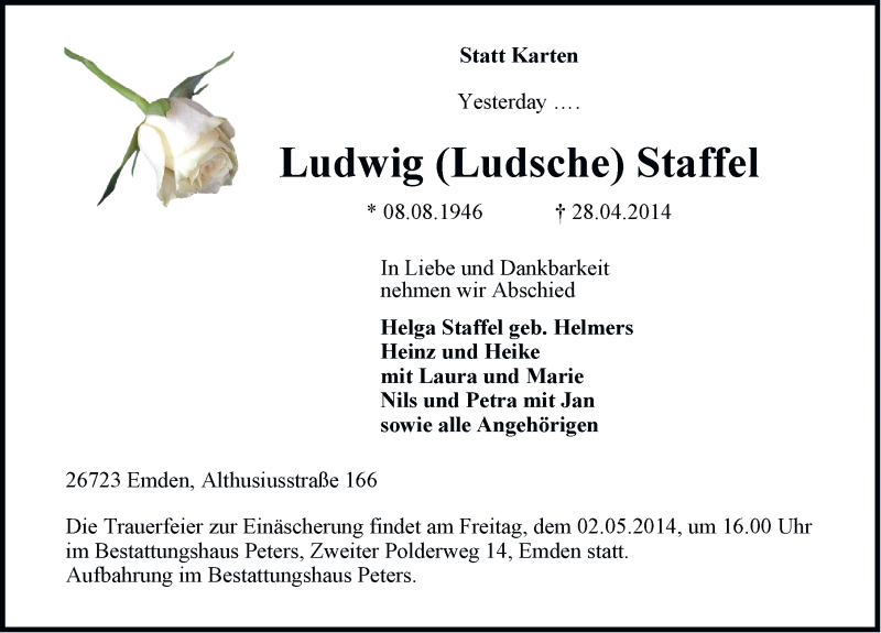  Traueranzeige für Ludwig  Staffel vom 30.04.2014 aus Emder Zeitung