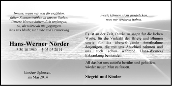 Traueranzeige von Hans-Werner Nörder von Emder Zeitung
