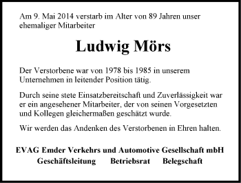 Traueranzeige von Ludwig Mörs von Emder Zeitung