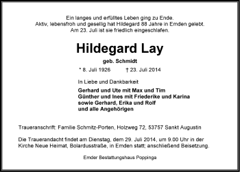 Traueranzeige von Hildegard Lay von Emder Zeitung