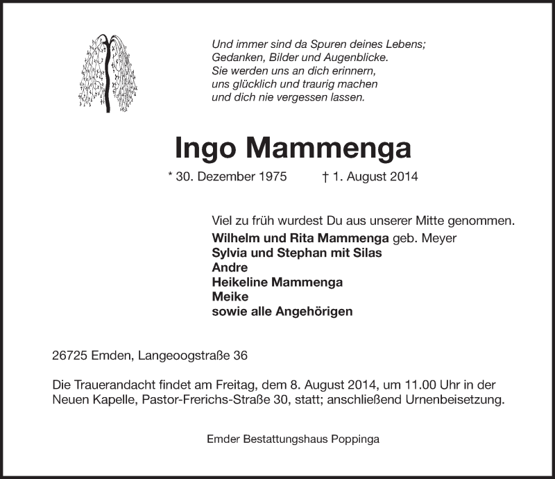 Traueranzeige für Ingo Mammenga vom 04.08.2014 aus Emder Zeitung