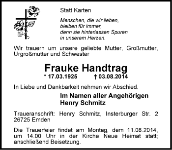 Traueranzeige von Frauke Handtrag von Emder Zeitung
