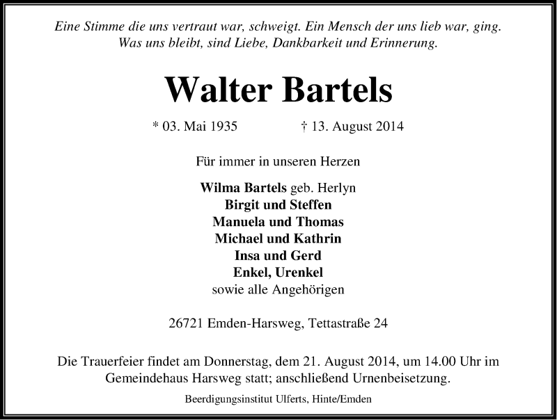  Traueranzeige für Walter Bartels vom 16.08.2014 aus Emder Zeitung