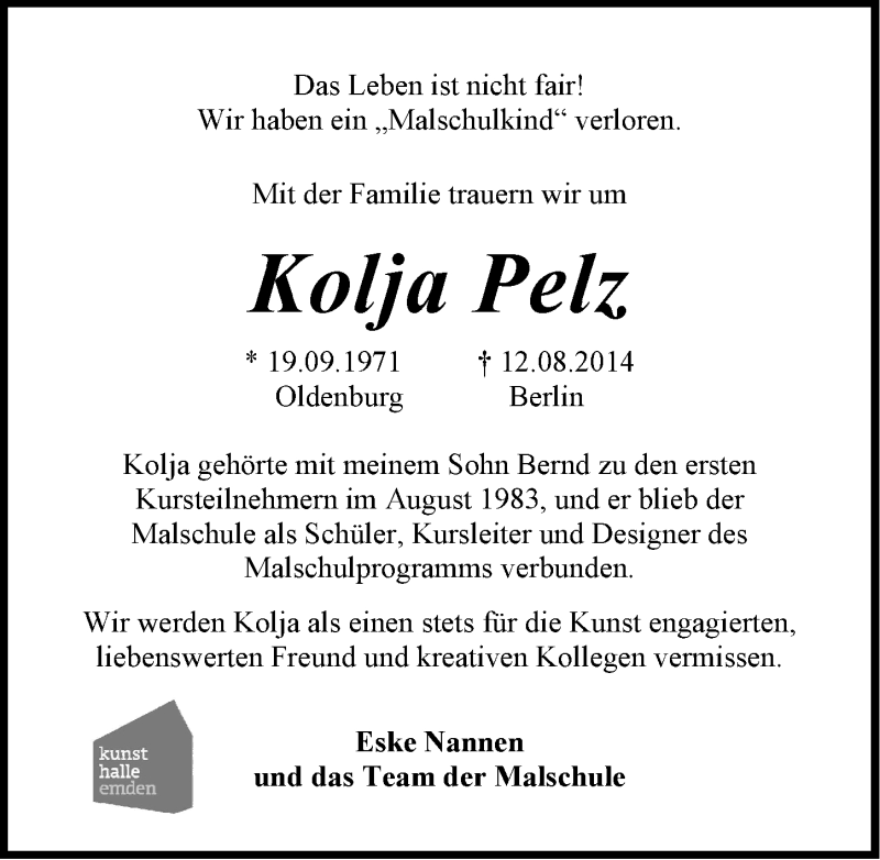  Traueranzeige für Kolja Pelz vom 20.08.2014 aus Emder Zeitung