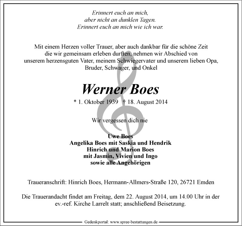  Traueranzeige für Werner Boes vom 20.08.2014 aus Emder Zeitung