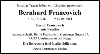 Traueranzeige von Bernhard Francovich von Emder Zeitung