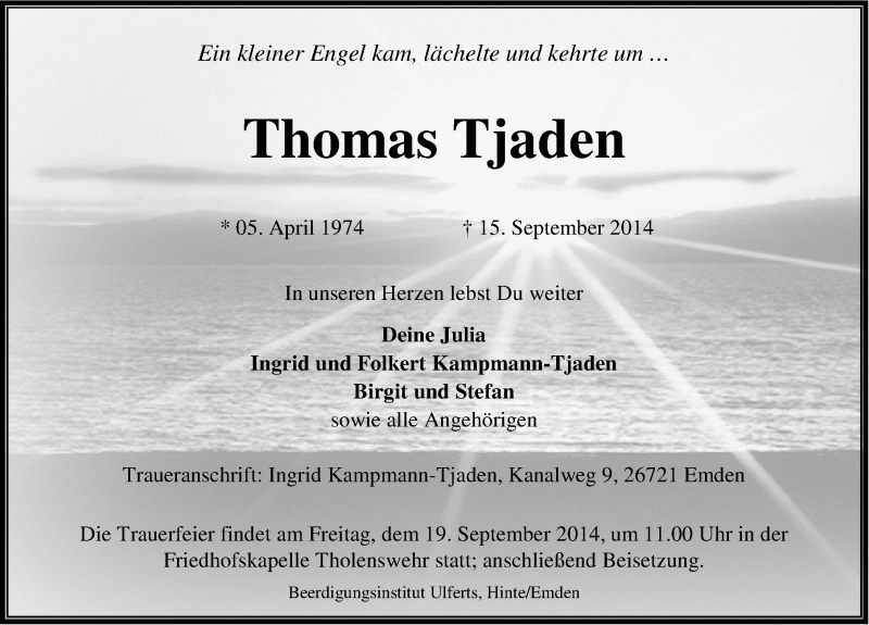  Traueranzeige für Thomas Tjaden vom 17.09.2014 aus Emder Zeitung