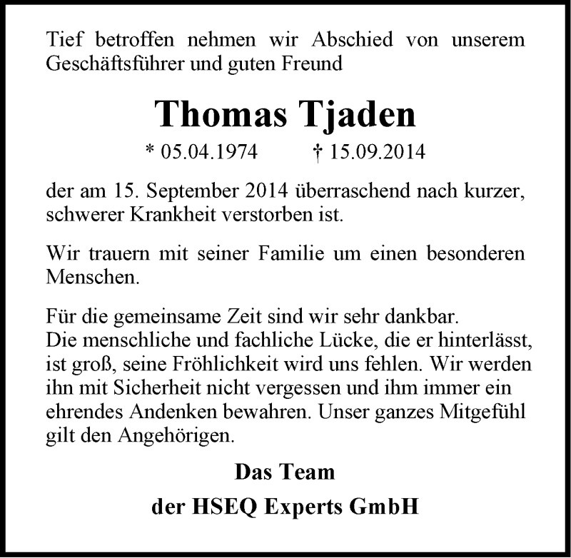  Traueranzeige für Thomas Tjaden vom 18.09.2014 aus Emder Zeitung
