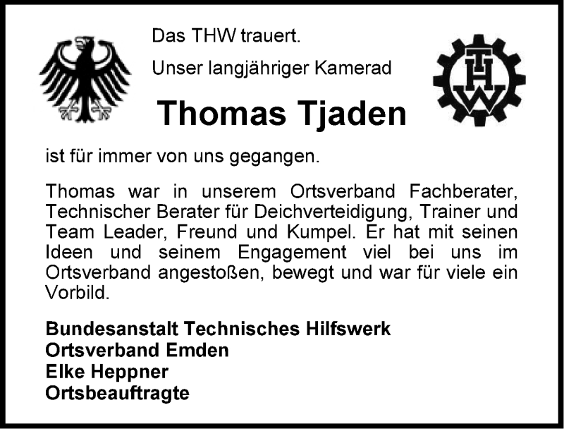  Traueranzeige für Thomas Tjaden vom 18.09.2014 aus Emder Zeitung