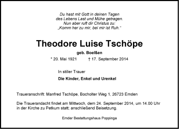 Traueranzeige von Theodore Luise Tschöpe von Emder Zeitung