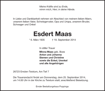 Traueranzeige von Esdert Maas von Emder Zeitung