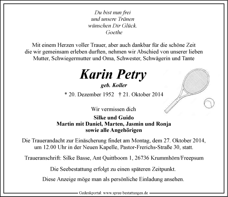 Traueranzeige für Karin Petry vom 23.10.2014 aus Emder Zeitung