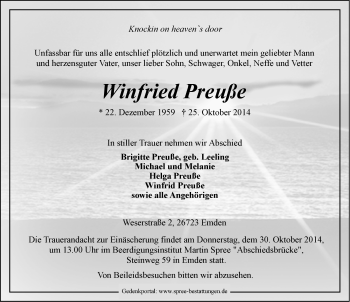 Traueranzeige von Winfried Preuß?e von Emder Zeitung