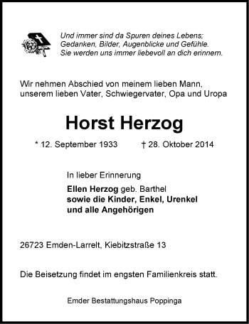 Traueranzeige von Horst Herzog von Emder Zeitung