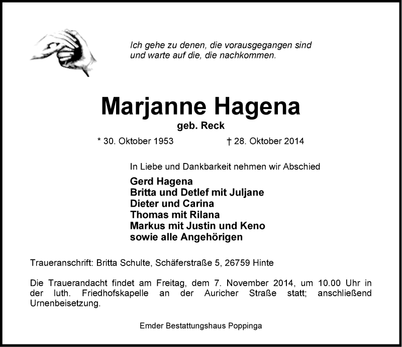 Traueranzeige für Marjanne Hagena vom 05.11.2014 aus Emder Zeitung